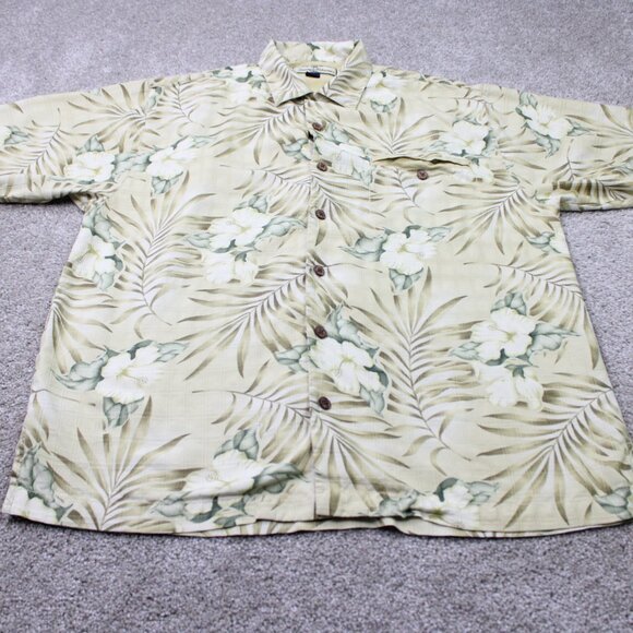 Tommy Bahama Camp Shirt Men Medium Beige Floral Loop Collar Orange 100% Silk S/S - Picture 2 of 13